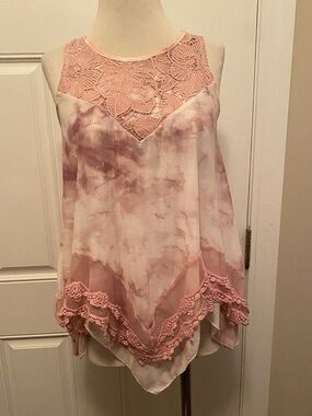 Pink Tie-Dye Lace-Trim Sleeveless Tunic